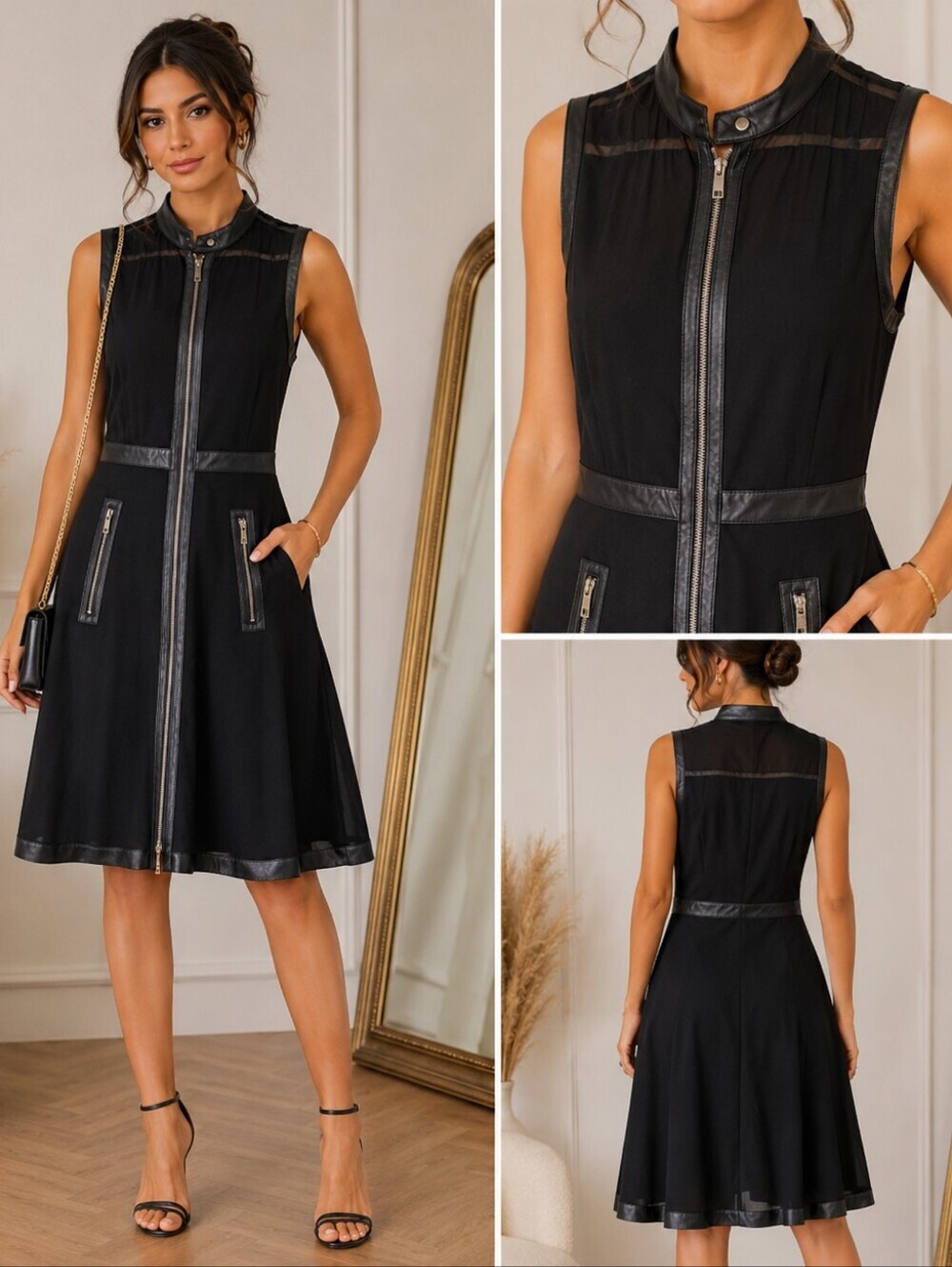 Diesel D Furo Sheer Black Georgette Faux Leather Zip Black Dress